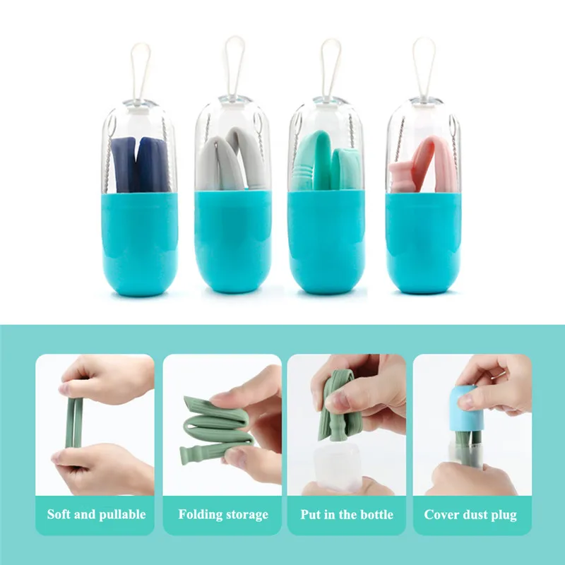 

Portable Silicone Straws Reusable Drinking Folding Straws With Cleaning Brushes Perfect For Travel Home&Outdoor Tools