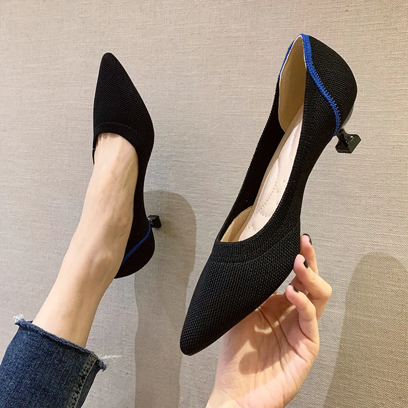 Ballet High Heels Women's 2021 New Spring Knitted Thin Heel Pointed Shallow Mouth Cat Heel Woven Shoes Flying Woven High Heels 4