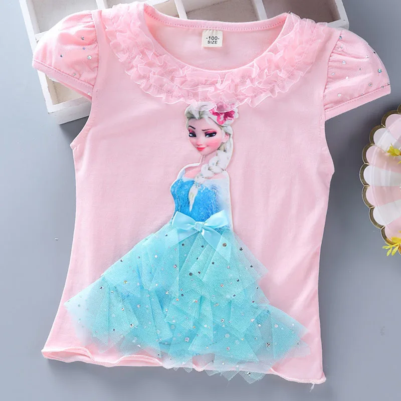 Футболка с короткими рукавами для девочек летняя модная кружевом изображением