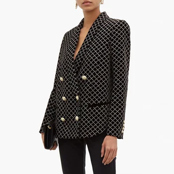 

Fashion New Women Jacket Hihg Quality Classic Double Breasted Button Shiny Gold Powder Plaid Velvet Ladies Blazer Women Suit