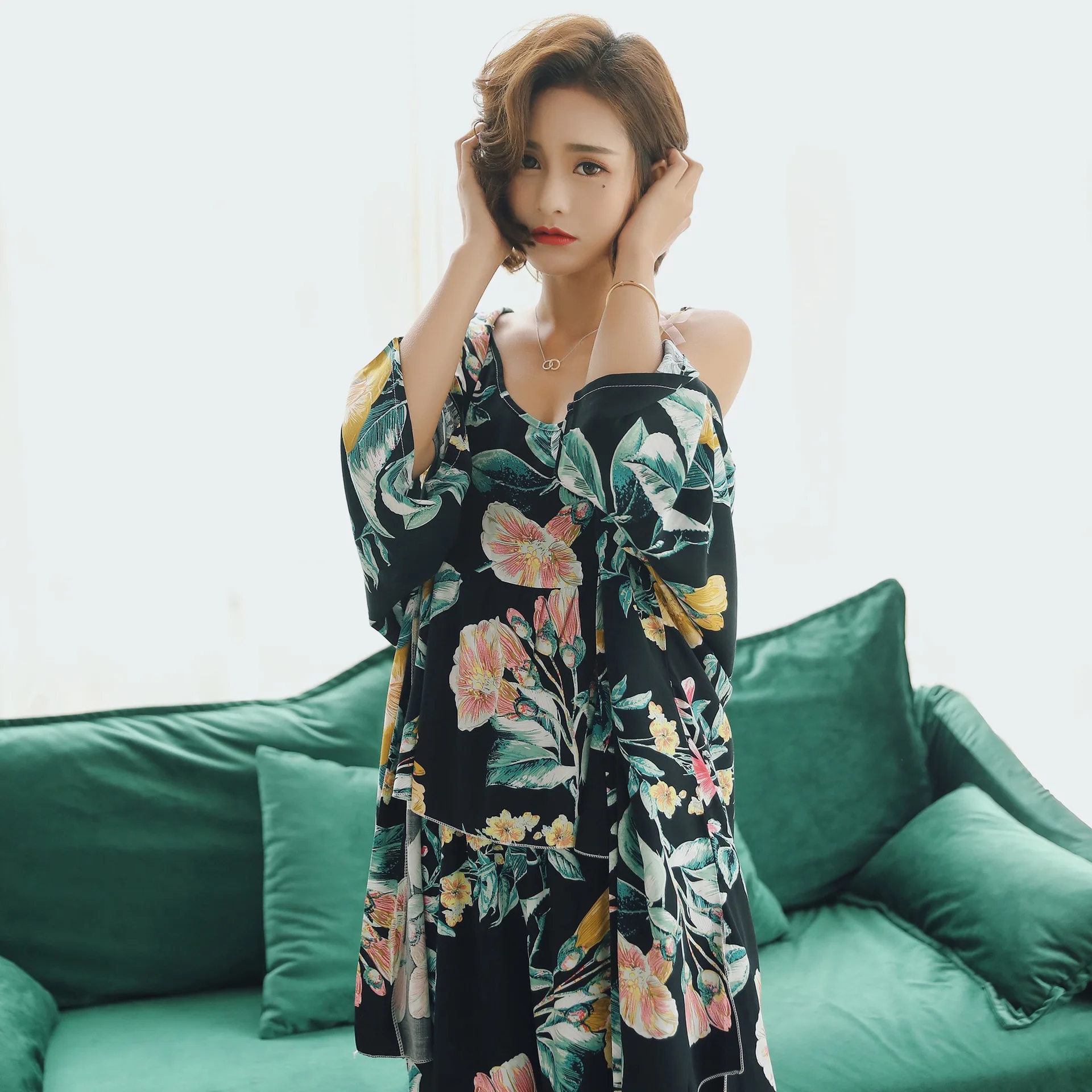 New Fashion Women Sleepwear Nightwear Kimono Robe Soild Spring Autumn Cotton 3 pieces suit Bathrobe Elegant Bathroom Spa Robe