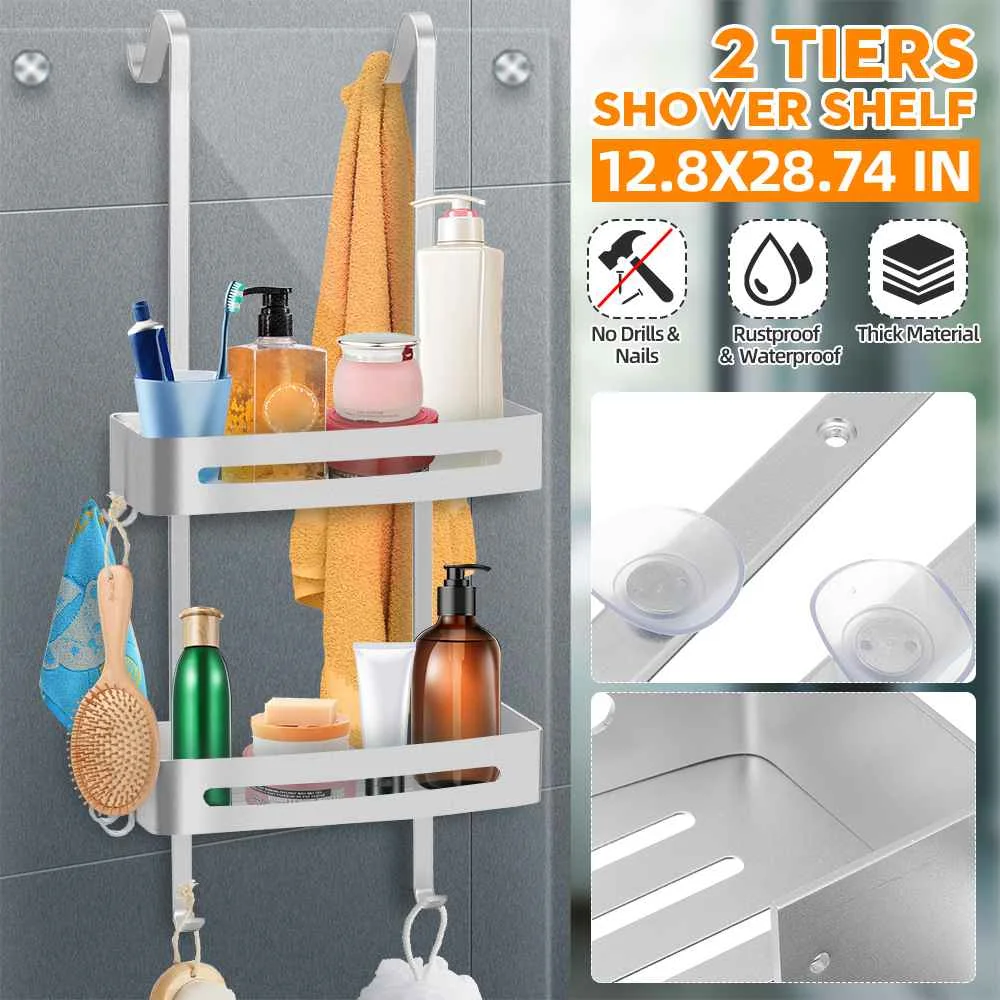 Bathroom Caddy Hanging Shelf with Hook Suction Cups Stainless Steel Hanging  Door Shower Rack Rustproof Hanging Shower Caddy Rack - AliExpress