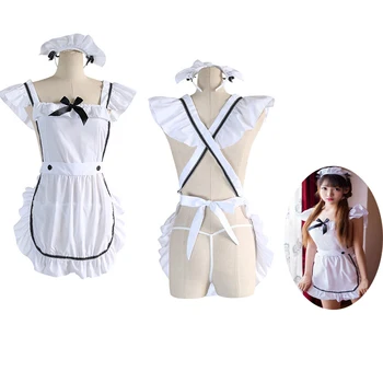 

Lolita Girls Sexy Maid Dress housemaid servant Japanese Lingerie Woman Intimates Sleepwear pajamas 3pcs White maid outfit