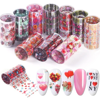 

10rolls Romantic Valentine Nail Art Transfer Foil Set Colorful Love Flower Heart Design Stickers On Nails DIY Decoration BEXKH83
