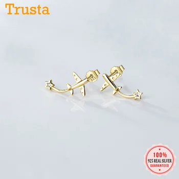 

Trusta Minimalist 925 Sterling Silver Gold Plane Aircraft Dazzling Blue CZ Stud Earrings For Women Wedding Jewelry Gift DS1908