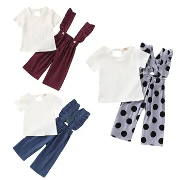 

1-6Y Summer Toddler Kids Baby Girl Clothes Sets Ruffle Short Sleeve T-shirt + Solid/Polka Dot Long Pants Outfits 2PCS Clothes