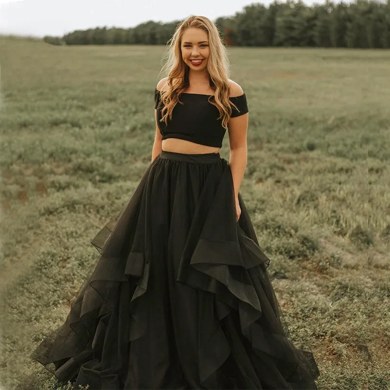long black two piece prom dress