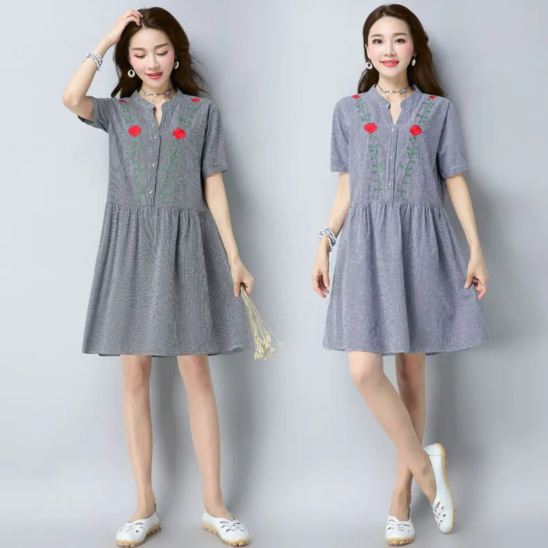 

2019 Summer New Products Korean-style Large Size Dress Plaid Embroidery Mid-length Short-sleeve Dress