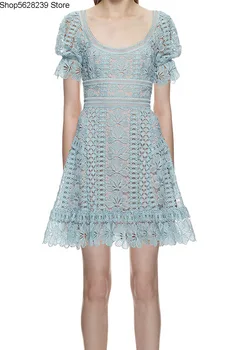 

Summer Dress 2020 Fairy Lace Crochet Flower Hollow Out Dress Blue Short Skirt Slim Fit Waist Popular Skirt