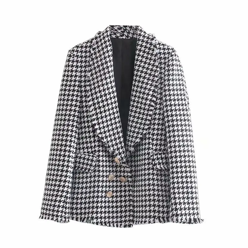 Модный блейзер с узором "гусиная лапка", женское элегантное твидовое пальто, повседневный двубортный пиджак, Женский блейзер с длинным рукавом, Chaqueta Mujer - Цвет: Black