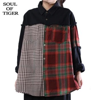 

SOUL OF TIGER 2019 Korean Brand Fashion Ladies Vintage Plaid Shirts Womens Denim Patchwork Blouses Casual Autumn Tops Plus Size