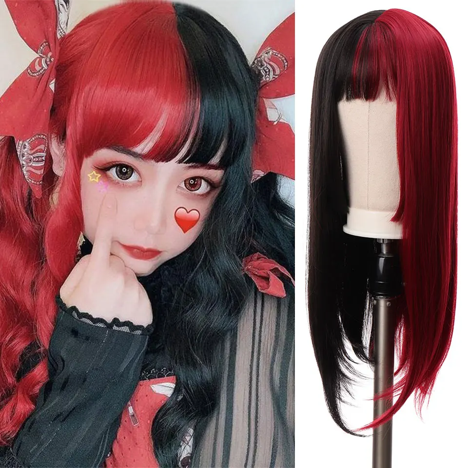 QUEENYANG 24" Synthetic Black Pink and Golden Red Long Straight Hair Ombre Lolite Two-Color Cosplay Wigs For Black Women Wig