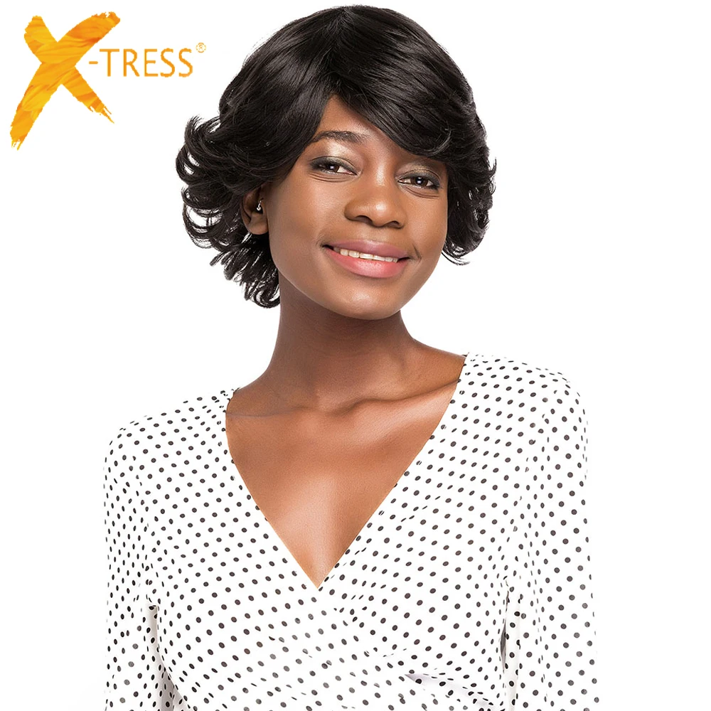 

Short Bob Synthetic Hair Wigs With Bangs High Temperature Fiber African America Ombre Hairstyle X-TRESS Wavy Wig For Black Women