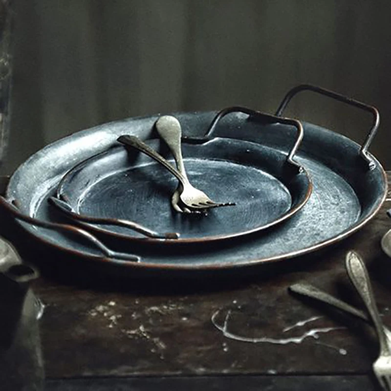 Европейская круглая металлическая тарелка с ручками, Винтажный французский поднос для хлеба, ретро тарелка для фотографирования, аксессуары для домашнего декора