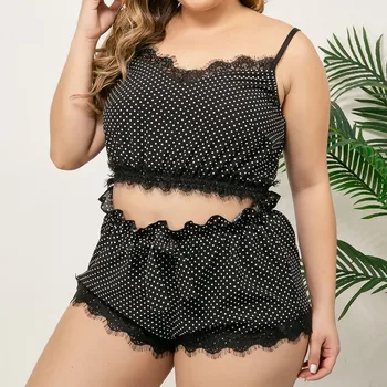 

New Plus size Women Pajamas Set Sexy Lace Lingerie Silk Underwear Sleepwear Nightdress Satin Dot 1XL-4XL pijama mujer W4