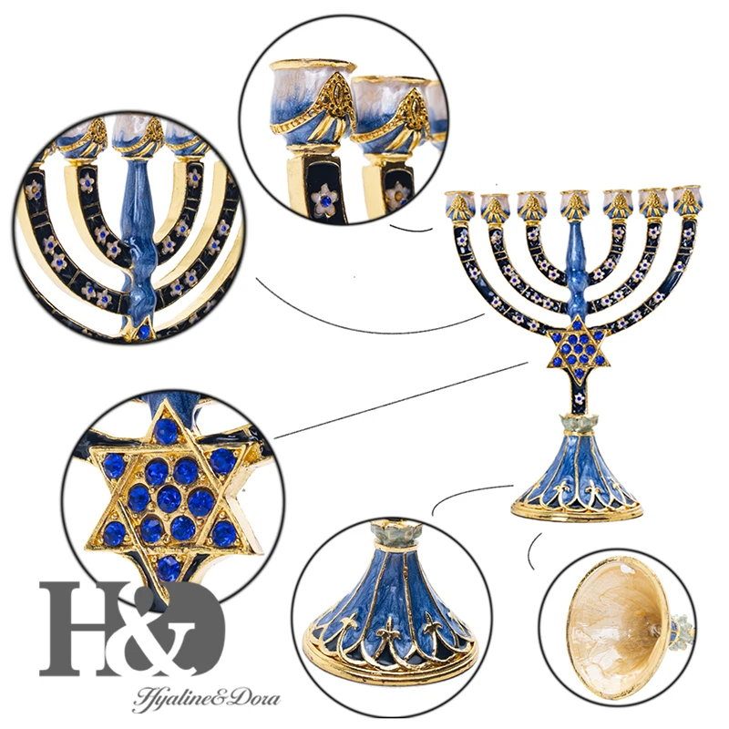 H&D Hanukkah Menorah, ручная роспись, эмалированный канделябр, украшенный, Chanukah Menorah, храмовый, шестигранный, Звезда Давида, подсвечники, 7 веток, подсвечник, вечерние украшения для дома, Holy Land, подарок