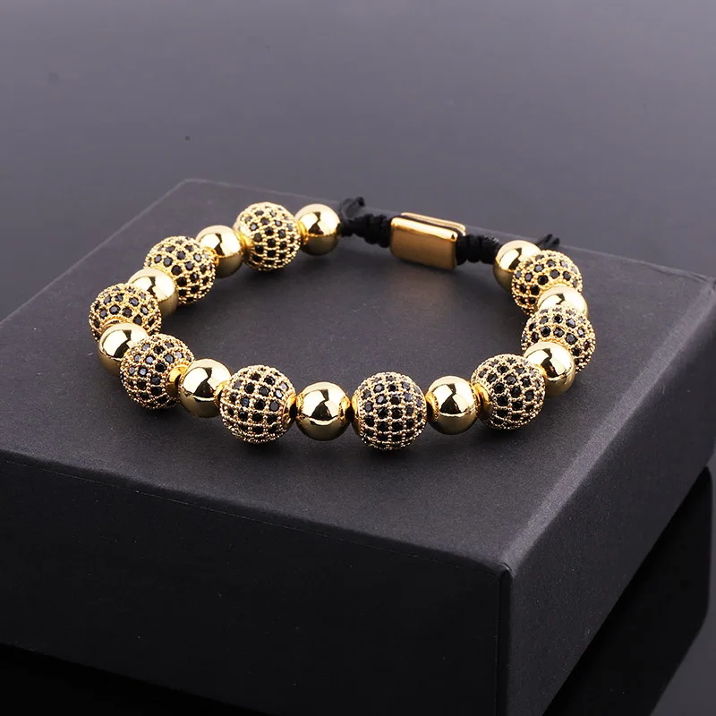 Luxury 10mm Black CZ Pave Ball Charm Macrame Adjustable Bracelet Men Jewelry Gift