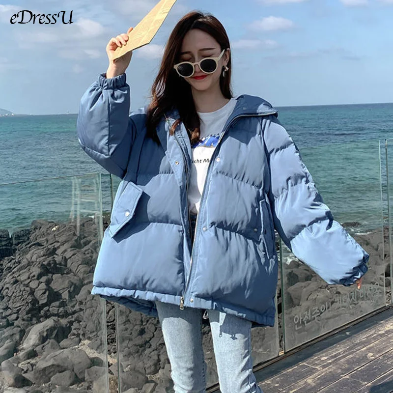 

eDressU 2022 Korean Winter Jacket Women Hooded Oversize Cotton Padded Jacket Blue Warm Parkas High Quality Loose Down Coat SY-1