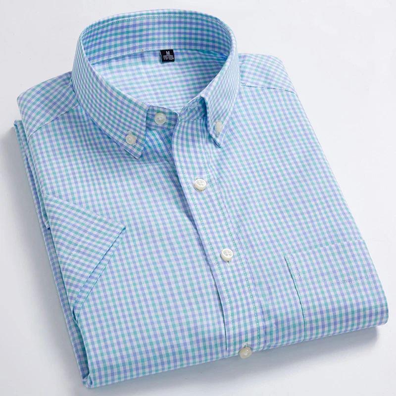 Men's Oxford Casual Shirts Leisure Design Plaid Men's Social Shirts Cotton Short Sleeve Dress
