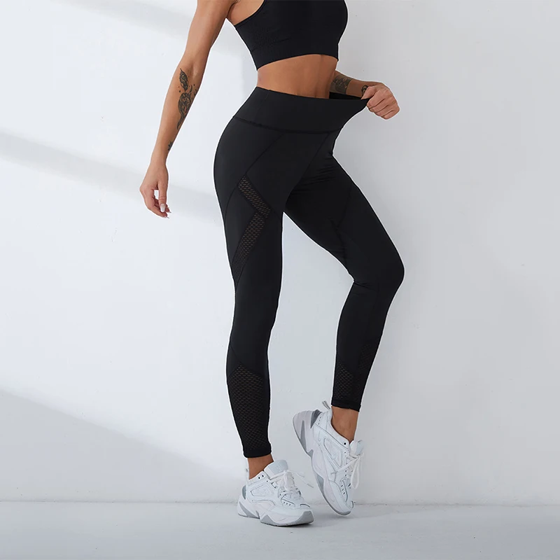 

Fitness Women Sport Leggings Gym Yoga Pant Solid Mesh Hollow Out Breathable Leggings Athletic Running Leggings Feminina