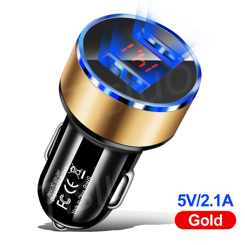 Gold Автомобильное зарядное устройство с двумя usb-портами, светодиодный дисплей, быстрое зарядное устройство для samsung S8, S9, Xiaomi, huawei, iPhone Xs, мини USB, автомобильное зарядное устройство - Тип штекера: Gold