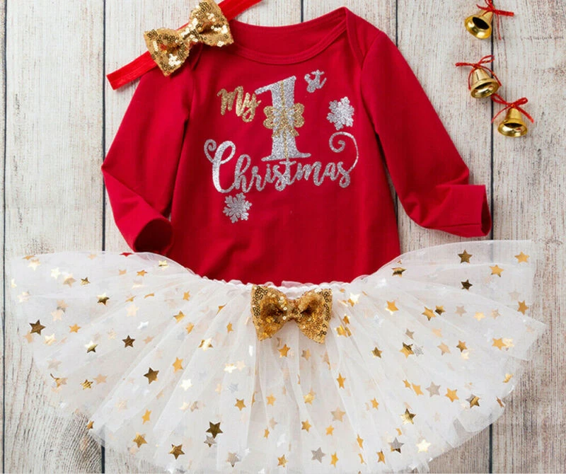 My 1ST Christmas Letter Print Dress Baby Girls Long Sleeve Christmas Tree Print Dress Toddlers Tutu Dress Clothes Set