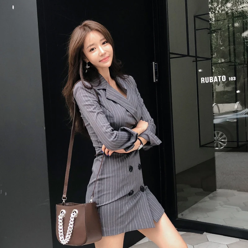 Hot Product Blazer Feminino Office Women Gray Vertical Stripes Black Double Breasted Long Sleeve Bodycon Mini Dress Notched Womens Clothing