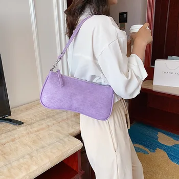 

2020 New Women Hand Bag Purple Retro Bag Imitation Crocodile Shoulder Female Handbags Purses Totes Saddle Bag Leather Baguettes