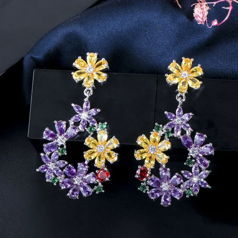 Pera модного серебристого цвета, ювелирные изделия для ушей, AAA+ желтый, розовый, зеленый, красный кристалл, большие длинные висячие серьги в виде цветка для женщин E170 - Окраска металла: purple
