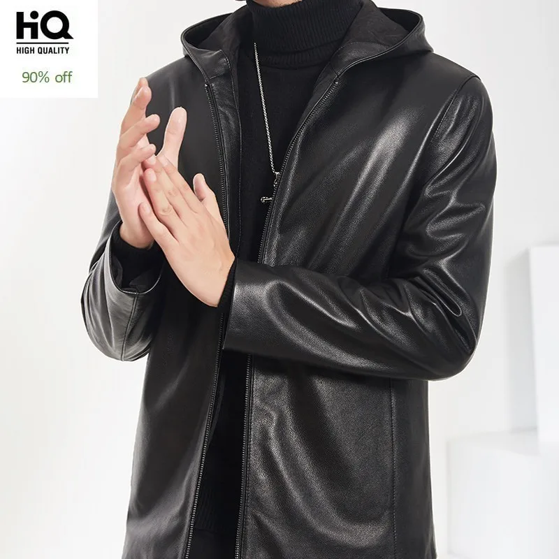 

Mens Cowhide Genuine Leather Jacket Biker Motorcycle Man Coat Windproof Outerwear Men Classic Hooded Fashion Cowhide Jacket 5XL