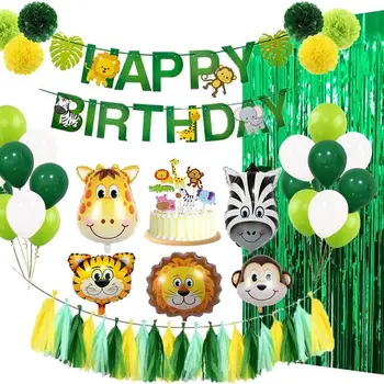 

65 pcs Jungle Animal Theme Birthday Banner Balloon and Cake Toppers Party Supplies for Birthday Party Decoration