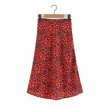 

Women Retro Floral Heart Print Trumpet Ankle Length Skirt Elastic Waist Pleated Side Zipper Design Fashion Skirts