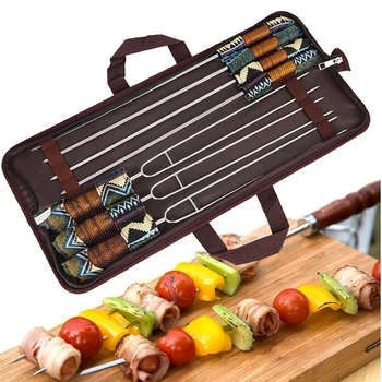 

7Pcs Stainless Steel Barbecue BBQ Skewers U Shape Forks Wooden Handle Needle Sticks Outdoor Cooking Tool with Storage Bag