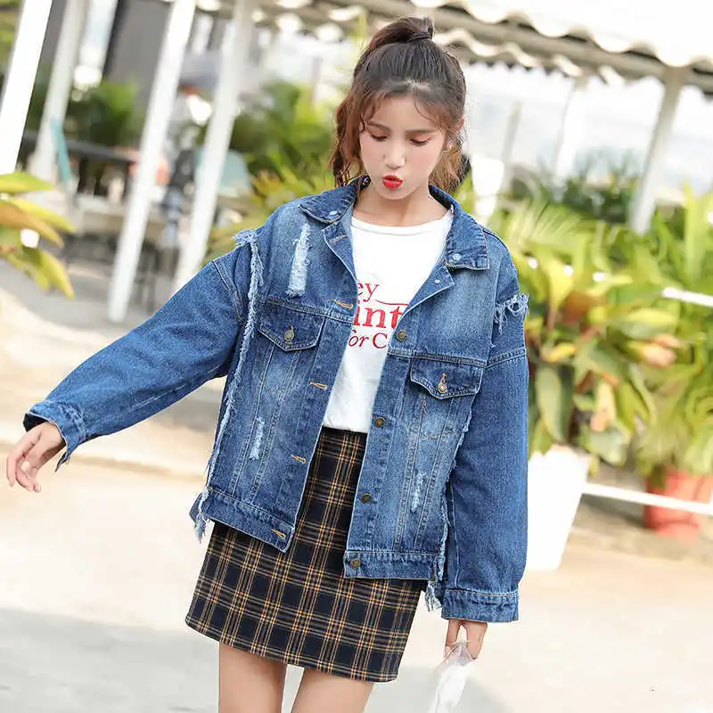 price reduction  Fashion Frayed Hole Cowboy Denim Jeans Jacket Embroidery Women Loose Coat Female Autumn Chaqueta Mu