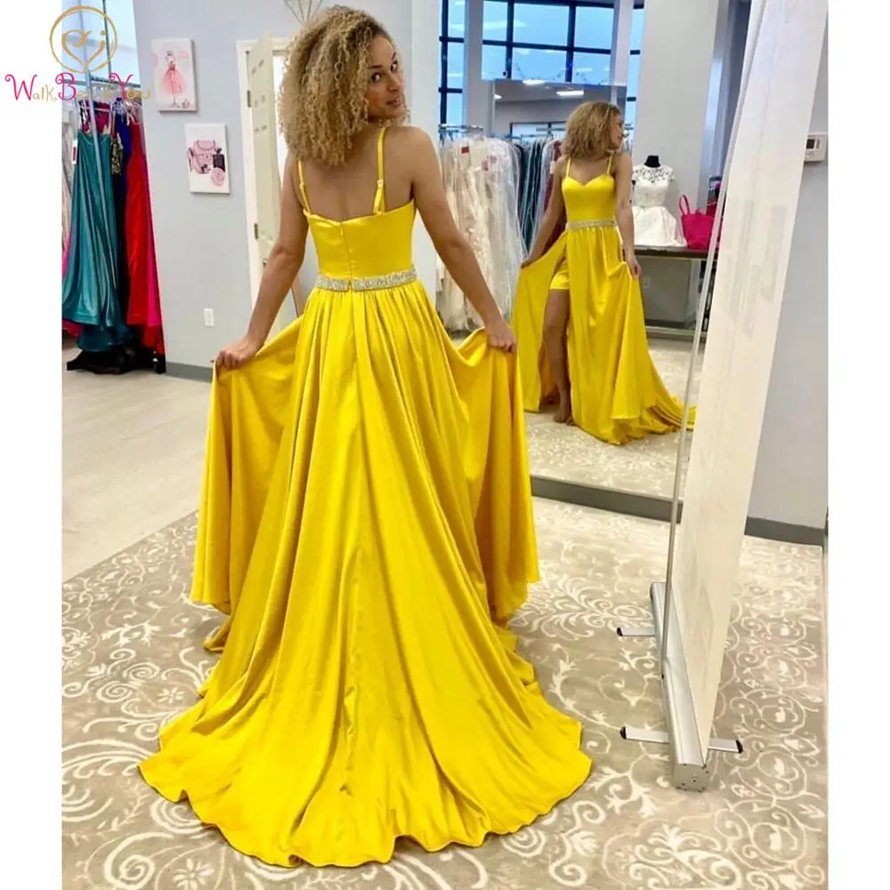 

Yellow Evening Dress 2020 Split Front A Line Spaghetti Straps Beaded Belt Sweetheart A Line Satin Formal Prom Gown Party