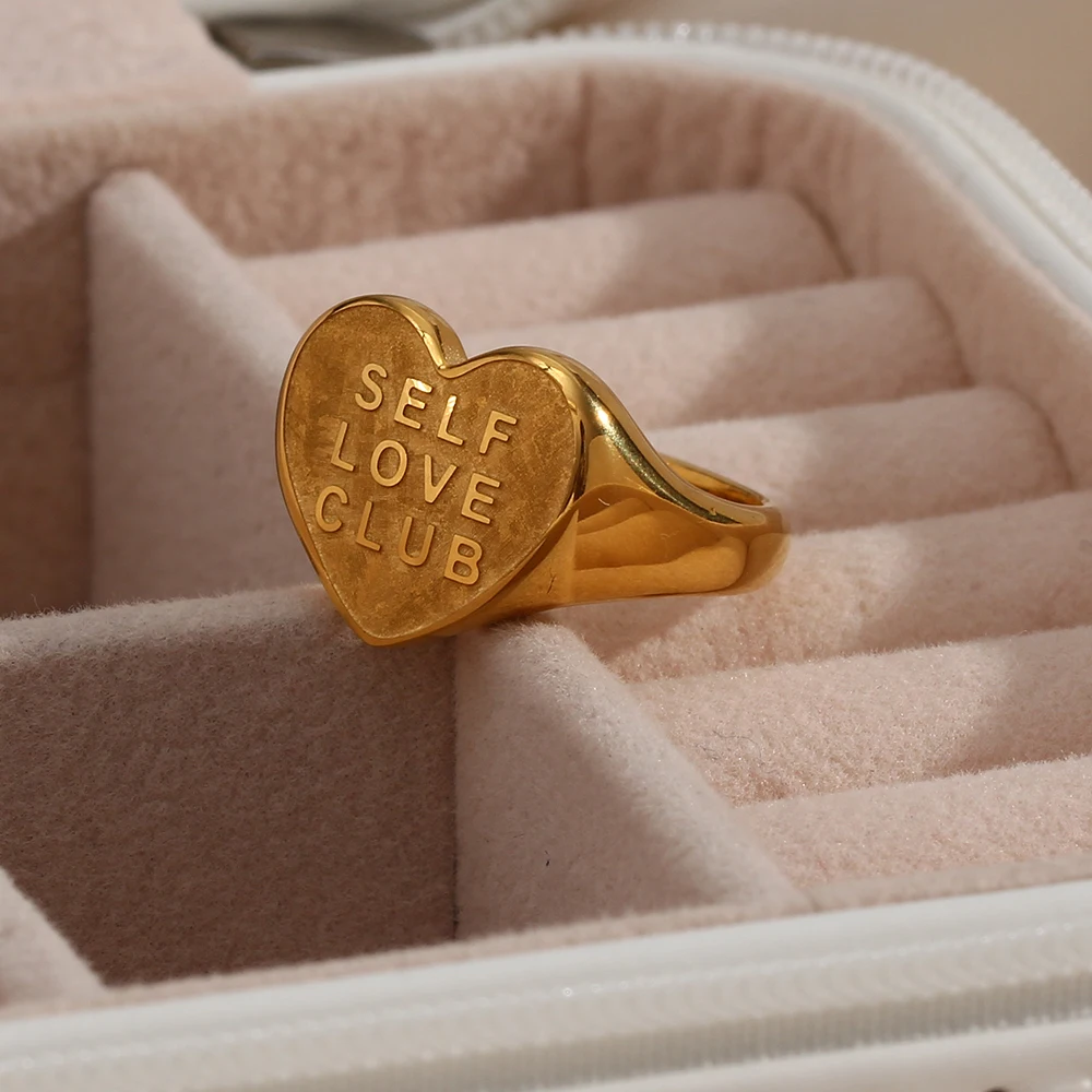 Gold Plated Rings Gold Rings Golden Ring Vintage SELF LOVE CLUB Ring Motto Engraved Heart shaped Ring Stainless Steel Gold Plated Finger For Women Men Party Jewelry