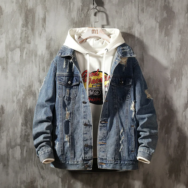 

Autumn And Winter New Style Handsome with Holes Cowboy Jacket Men's Japanese-style Fit Slim Fit Versitile Fashion with Holes Cow