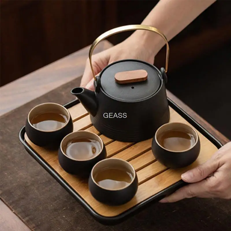 

Portable Japanese-style Black Pottery Handle Pot Tea Set One Pot Four Cups with Tea Tray Office and Household Kung Fu Tea Set