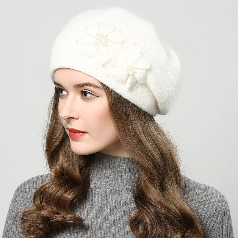 Autumn Winter Hat Women Rabbit Fur Double Layer Casual Flower Warm Beret Femme - Цвет: White