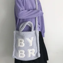 Женская Парусиновая Сумка-тоут из овечьей шерсти, вместительная, повседневная, с буквенным принтом, плюшевая, для покупок, путешествий, для девочек, многоразовые сумки через плечо