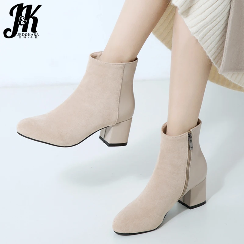 

JK Flock Boots Women High Heels Ankle Booties Ladies Round Toe Shoes Female Zip Stitching Shoes Fashion Shoes Winter 2020 New