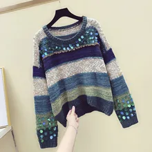 Women Sequined Sweater And Pullovers Beading Long Sleeved Korean Fashion Knit Sweater Rainbow Striped Loose Jumper Sueter Mujer Women Sequined Sweater And Pullovers Beading Long Sleeved Korean Fashion Knit Sweater Rainbow Striped Loose Jumper Sueter Mujer