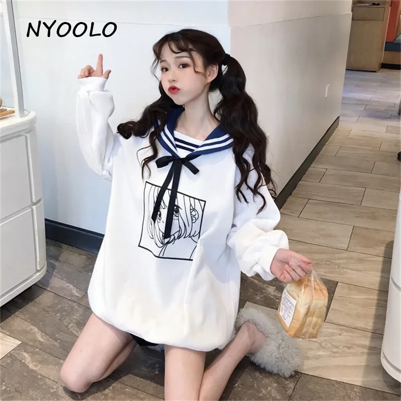 NYOOLO Harajuku милые девушки печати Свободные Теплые худи Осень Зима с длинным рукавом матросский воротник пуловеры флисовая Толстовка для женщин и мужчин