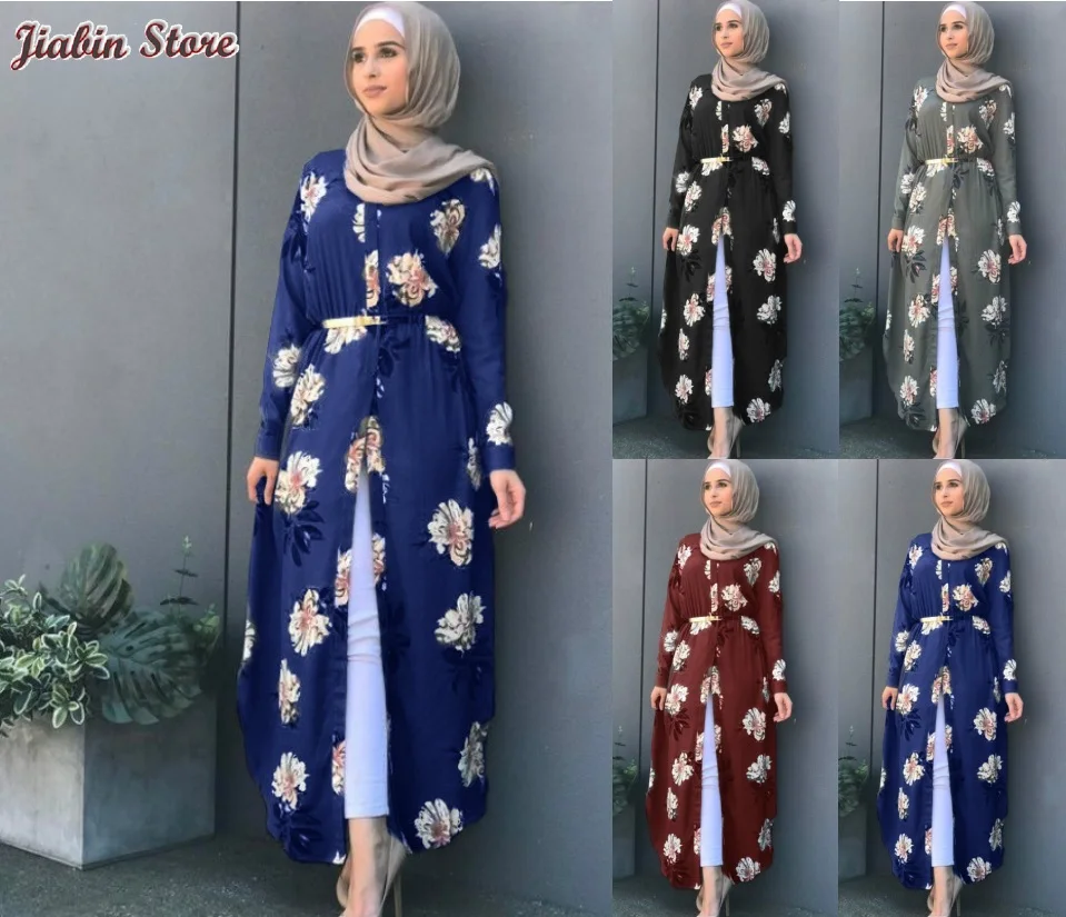 

Dubai Arab Muslim Abaya Dress Women New Robes Print Floral Slim Long Sleeve Islamic Eid Casual Long Dress(Not include headband)
