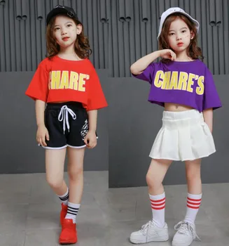 

Children Jazz Dancing Costumes Girls Cropped T-shirts High Waist Shorts Ballroom Hip Hop Outfits Performance Stage Dance Set