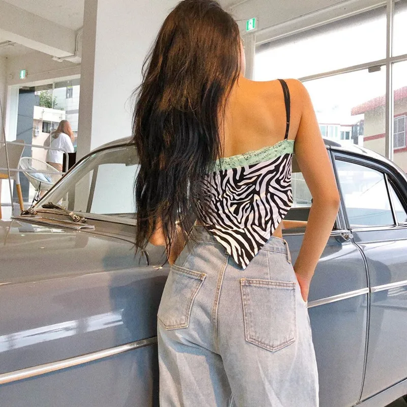 2020 Hight Street Women's Zebra Pattern Sexy Camisole Sleeveless Square Collar Lace Trim Cropped Top Sexy Open Back Streetwear