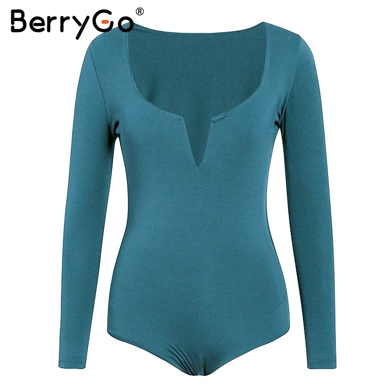 lake blue BerryGo, сексуальный Облегающий комбинезон с v-образным вырезом, женский, Повседневный, длинный рукав, однотонный, тонкий комбинезон, Осень-зима, женский, шикарный, боди - Цвет: lake blue