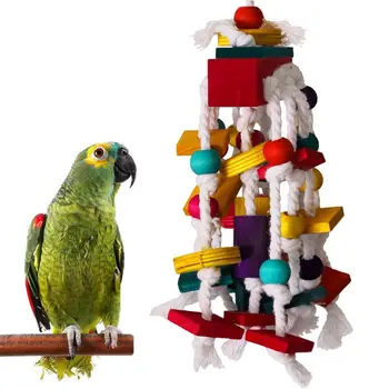 

Bird Chewing Toy Colorful Building Blocks Bite Wooden String Cage Nature Wood
