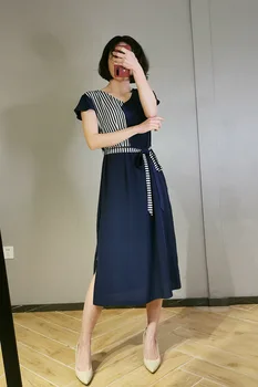 

Women Dress Spring New Stripe Stitching Dress Silk Office Lady Dress