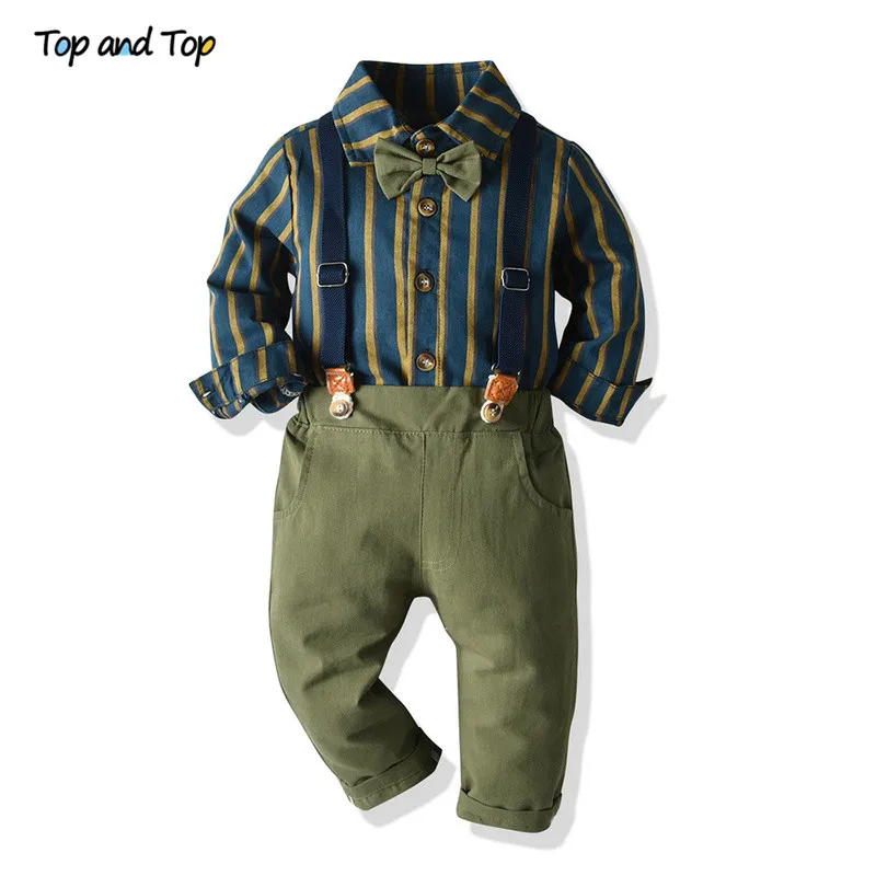 Top and Top Autumn Boys Clothing Set Long Sleeve Striped Bowtie Shirt Tops+Suspender Trousers Baby Kid Formal Gentleman Suit